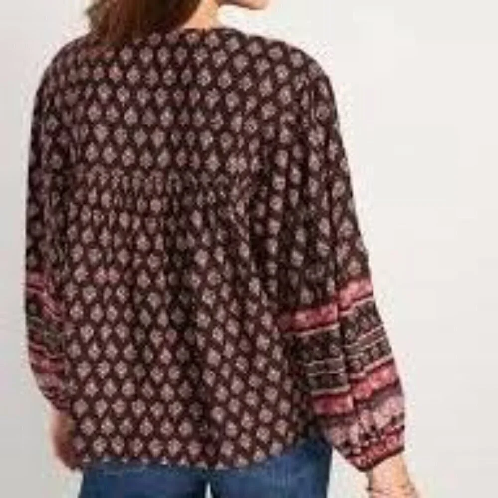 Old Navy Long Ballon Sleeve Smocked Brown Printed Poet Peasant Blouse Size Large